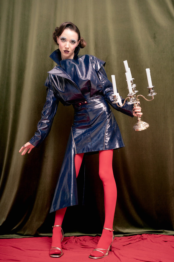 Glossy Navy Asymmetric Vegan Leather  Skirt “The Weapon”