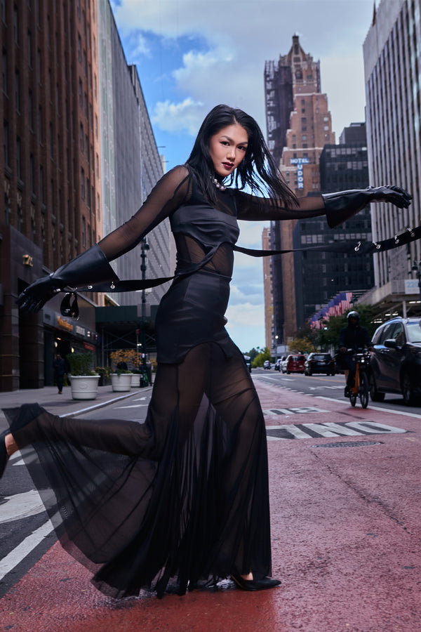 Satin & Sheer Godet Maxi Skirt “Queen”