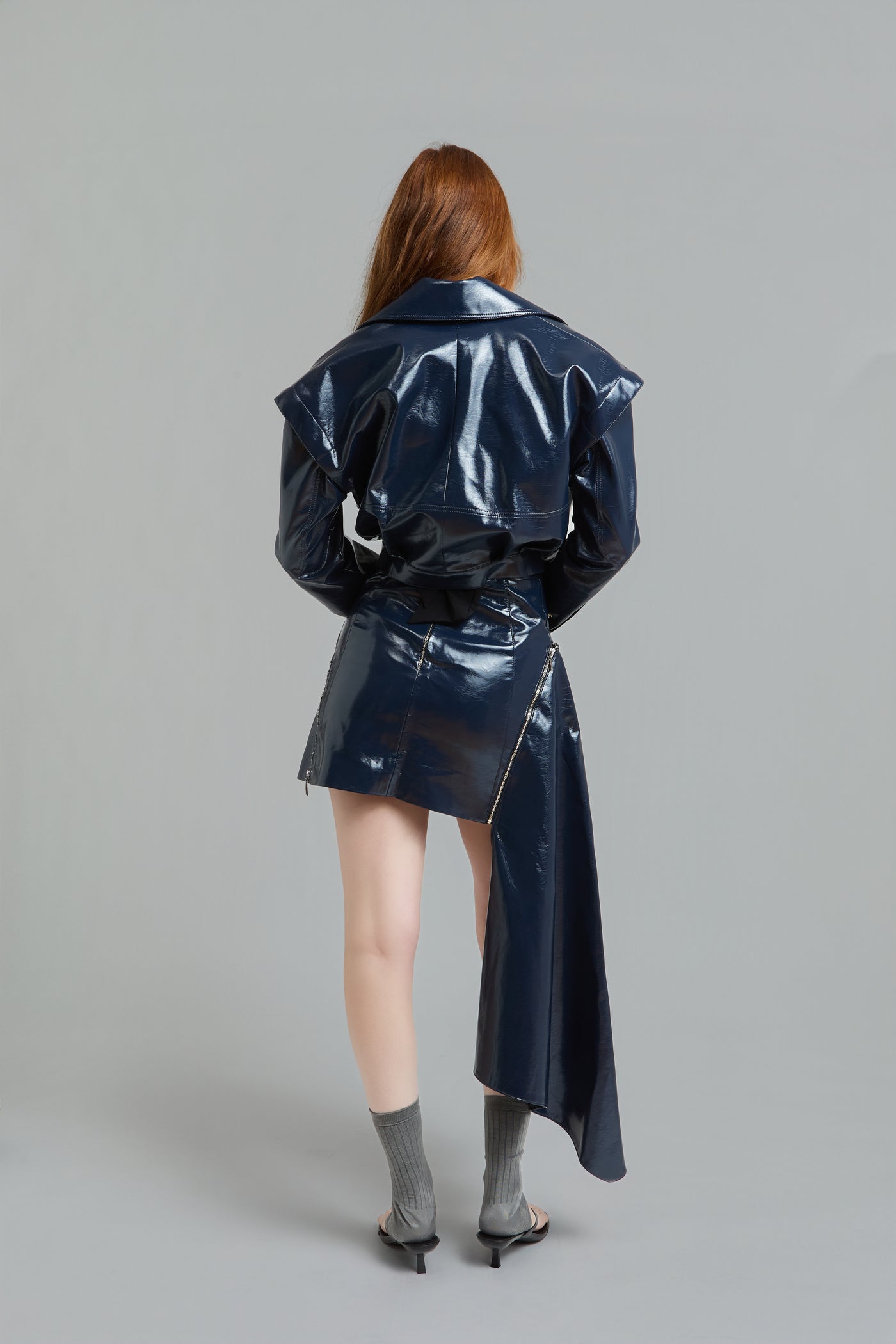 Navy Vegan Leather Asymmetric Mini Skirt