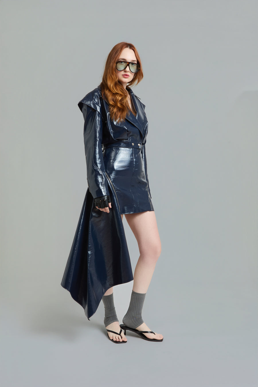 Navy Vegan Leather Asymmetric Mini Skirt