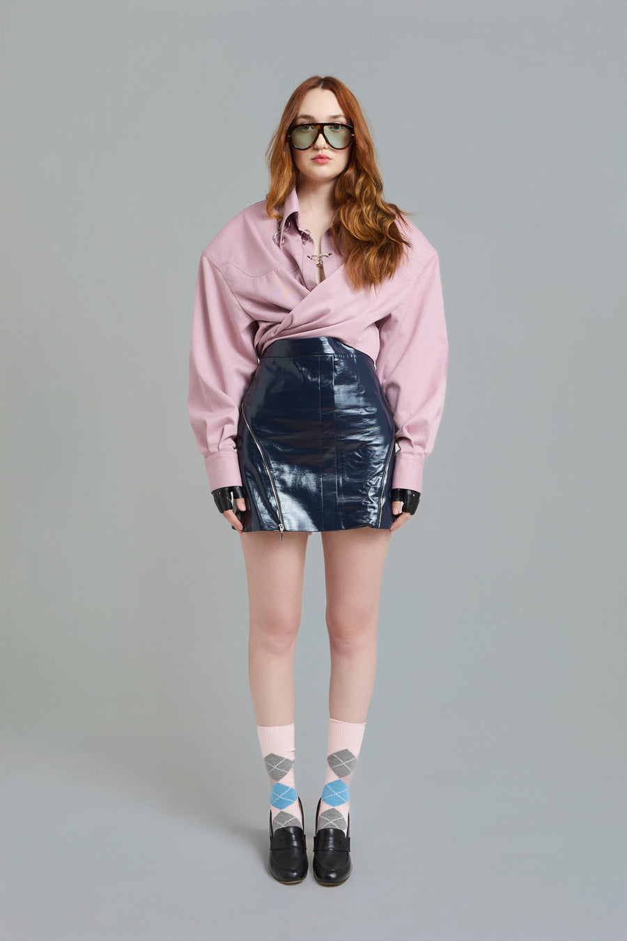 Navy Vegan Leather Asymmetric Mini Skirt