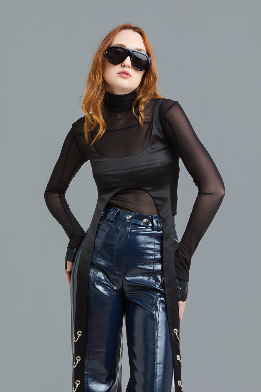 Satin Top & Mesh Turtleneck Set