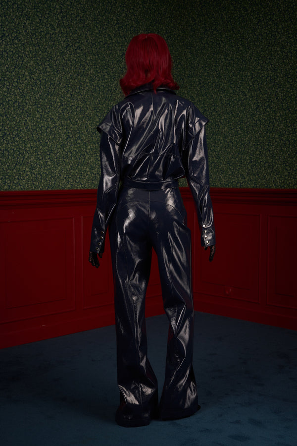 Glossy Navy Vegan Leather Trousers “The Weapon”