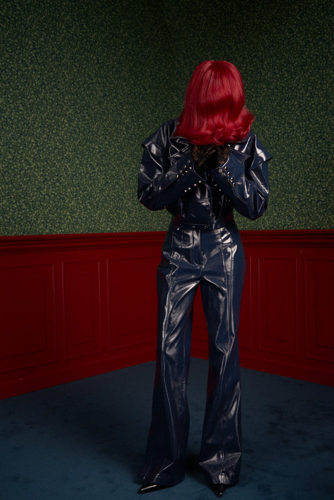 Glossy Navy Vegan Leather Crop Jacket "The Weapon"