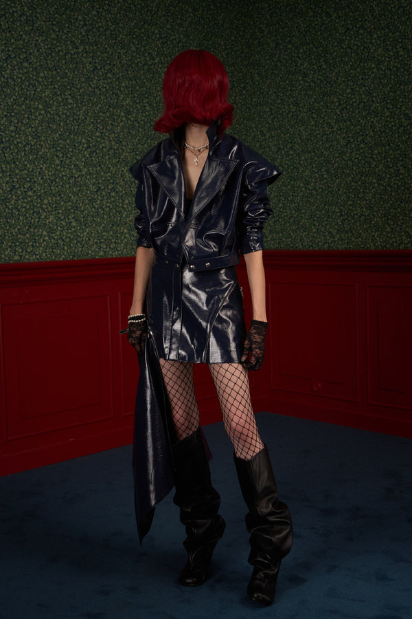 Glossy Navy Asymmetric Vegan Leather  Skirt “The Weapon”