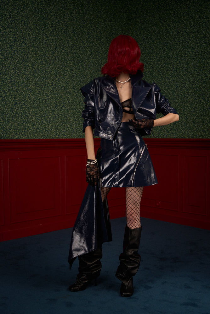 Glossy Navy Vegan Leather Crop Jacket "The Weapon"