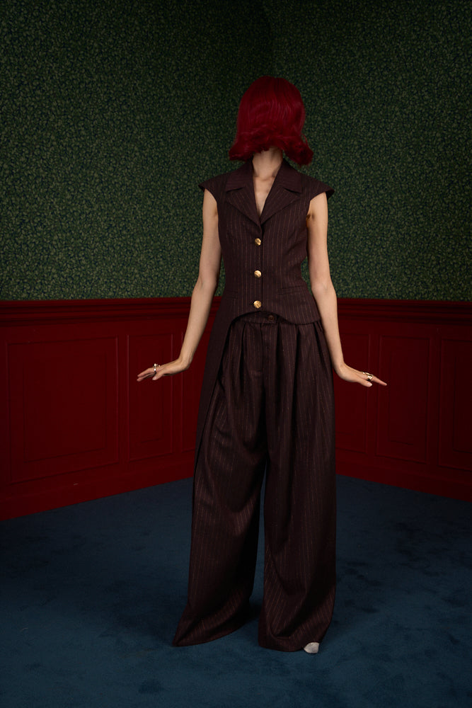 Brown Pinstripe Asymmetric Tailored Vest "Iconic"