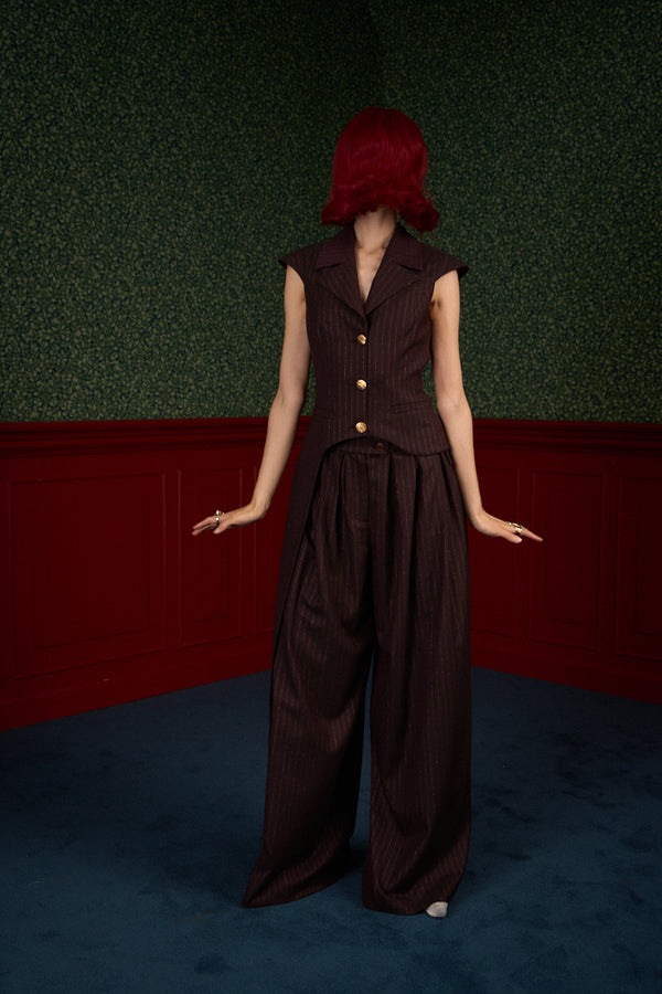 Brown Pinstripe Asymmetric Tailored Vest "Iconic"