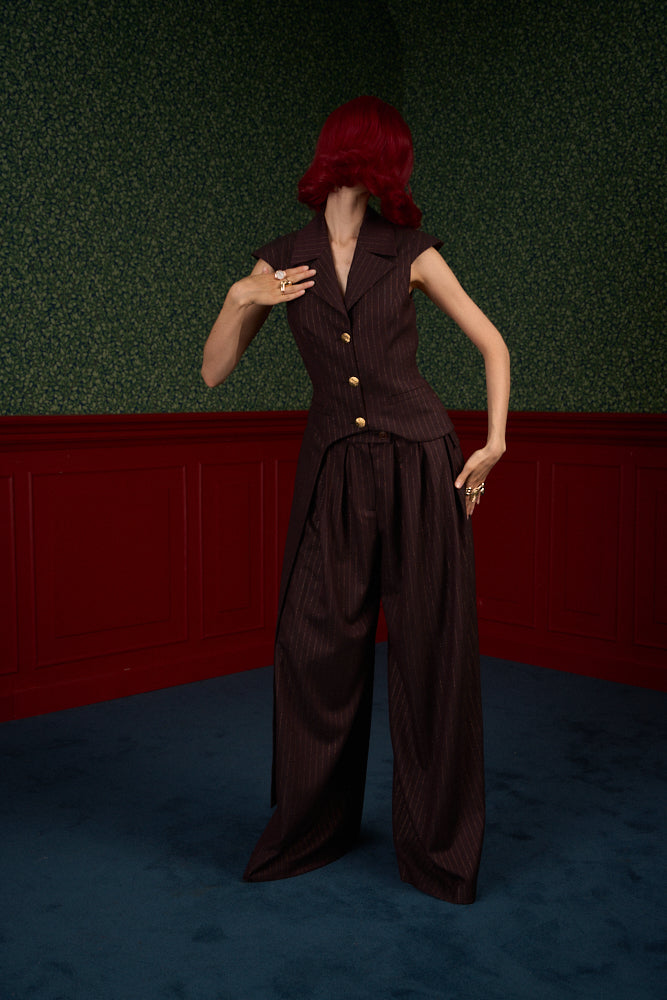 Brown Pinstripe Asymmetric Tailored Vest "Iconic"