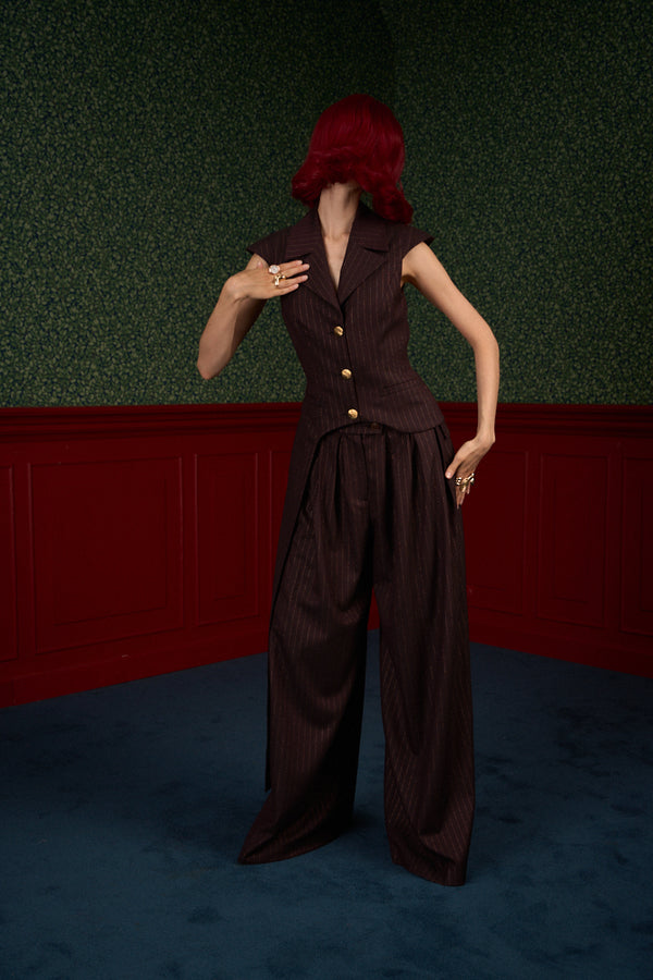 Brown Pinstripe Asymmetric Tailored Vest "Iconic"