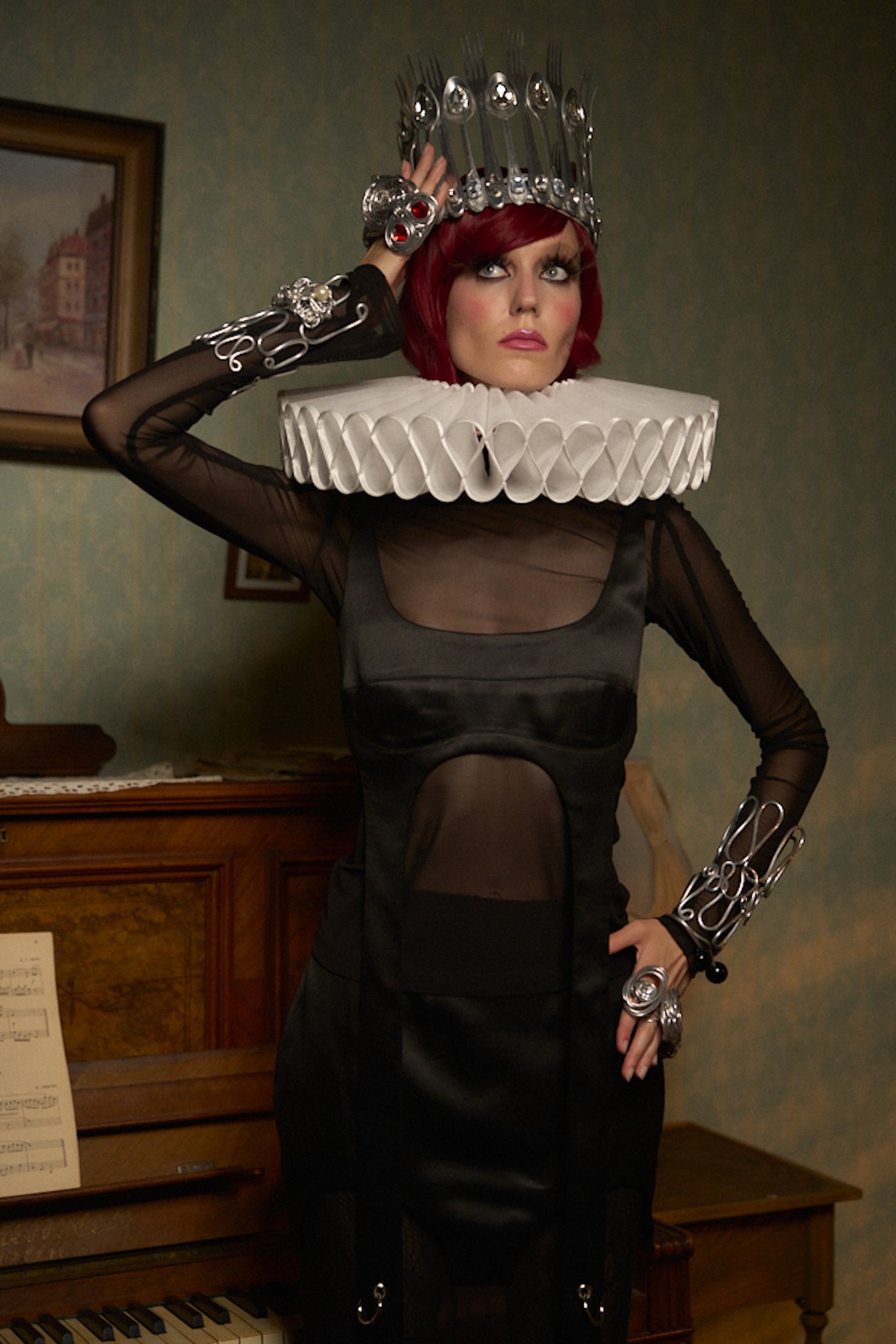 Satin Top & Mesh Turtleneck Set