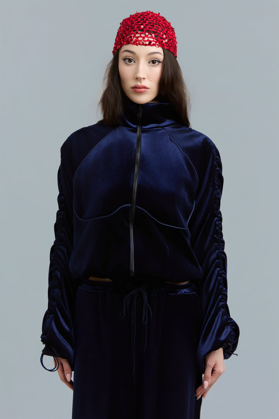 Navy Velour Zip-Up Sweatshirt