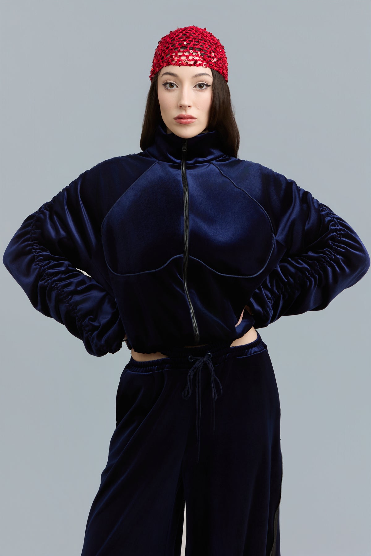 Navy Velour Zip-Up Sweatshirt
