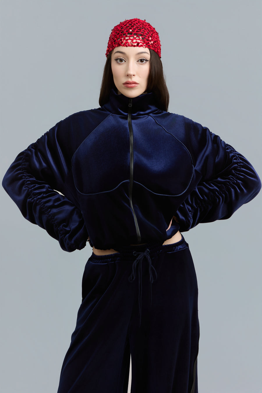 Navy Velour Zip-Up Sweatshirt