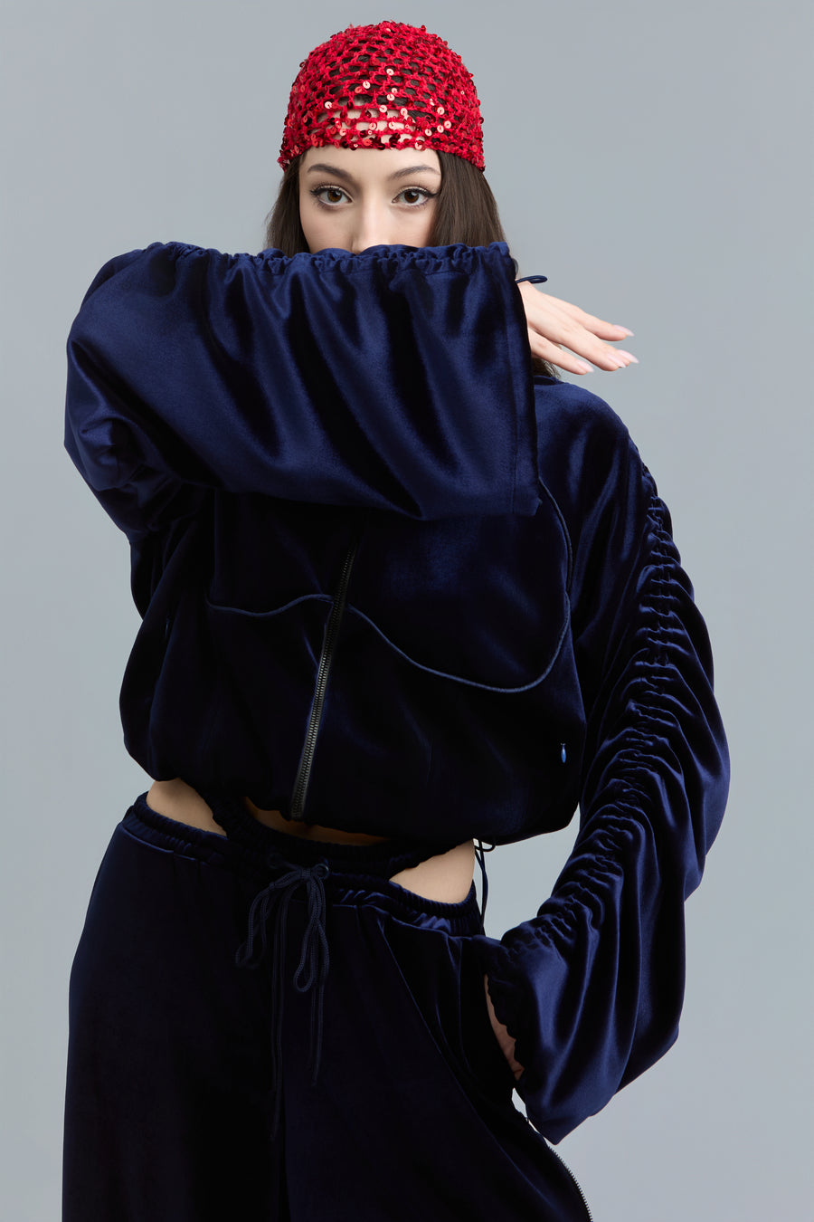 Navy Velour Zip-Up Sweatshirt