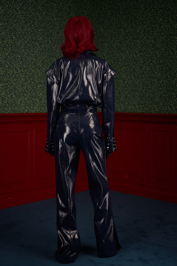 Glossy Navy Vegan Leather Trousers “The Weapon”