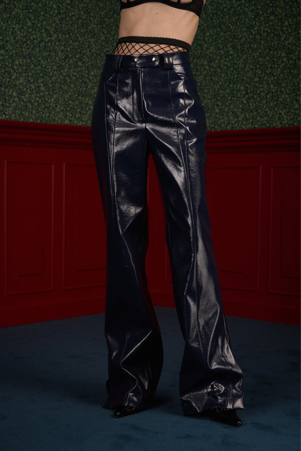 Glossy Navy Vegan Leather Trousers "The Weapon"