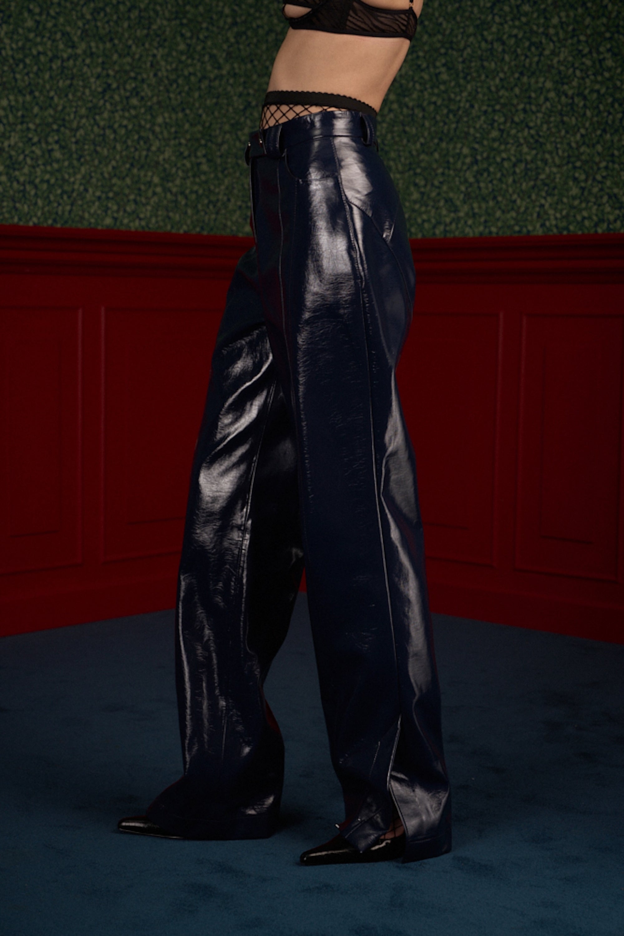 Glossy Navy Vegan Leather Trousers “The Weapon”