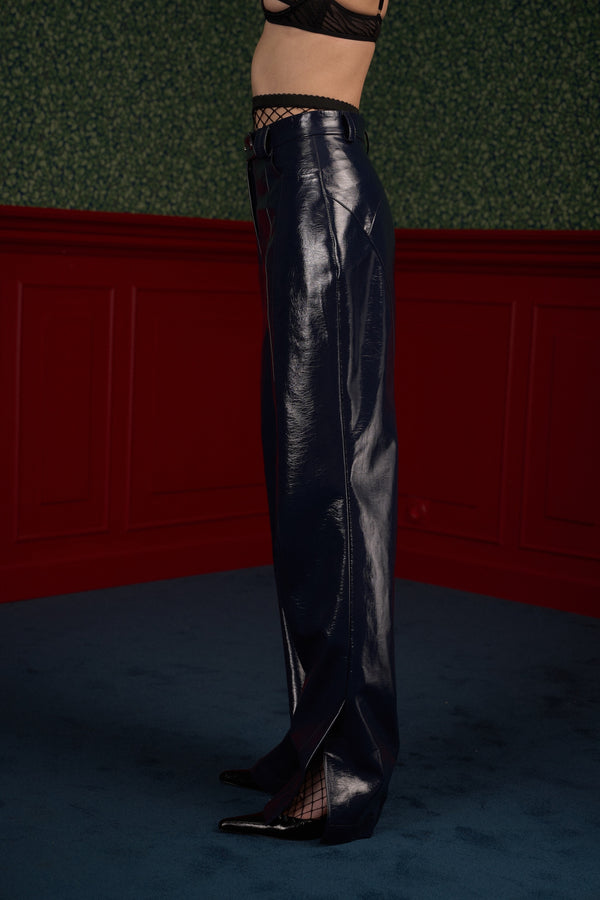 Glossy Navy Vegan Leather Trousers “The Weapon”