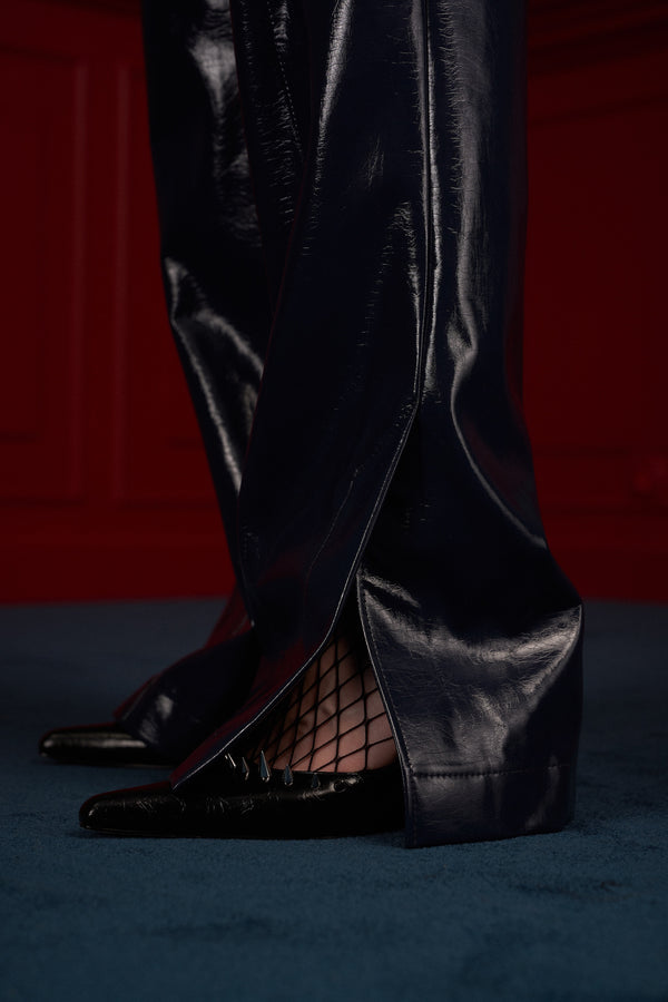 Glossy Navy Vegan Leather Trousers “The Weapon”