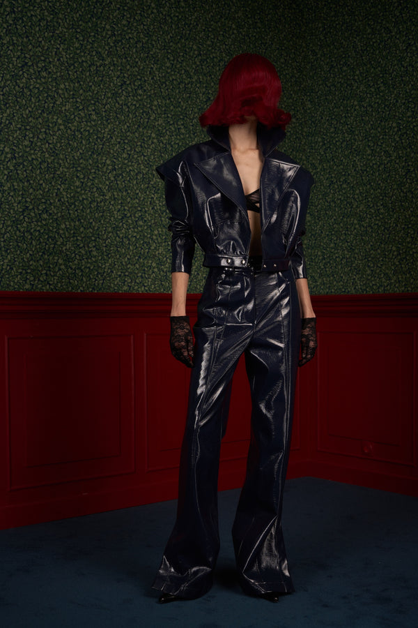 Glossy Navy Vegan Leather Trousers “The Weapon”