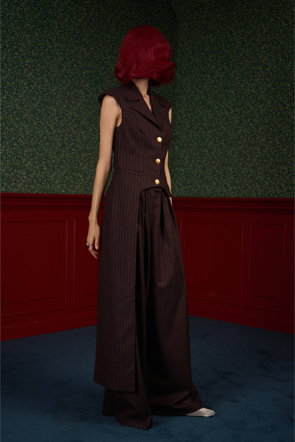 Brown Pinstripe Asymmetric Tailored Vest "Iconic"