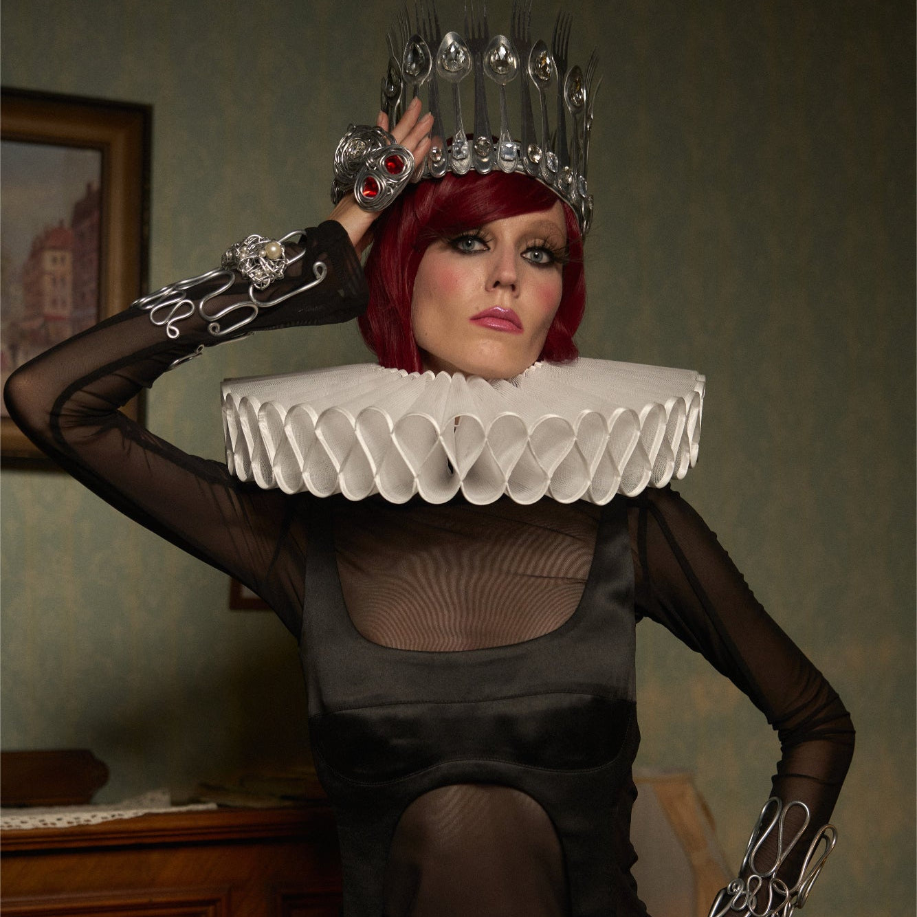Set — Mesh Turtleneck & Satin Transformable Top "Queen"