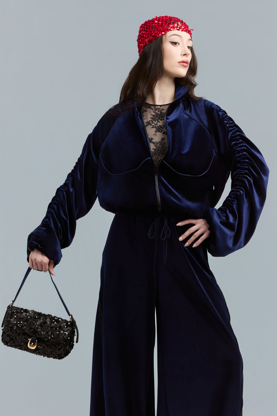 Navy Velour Zip-Up Sweatshirt