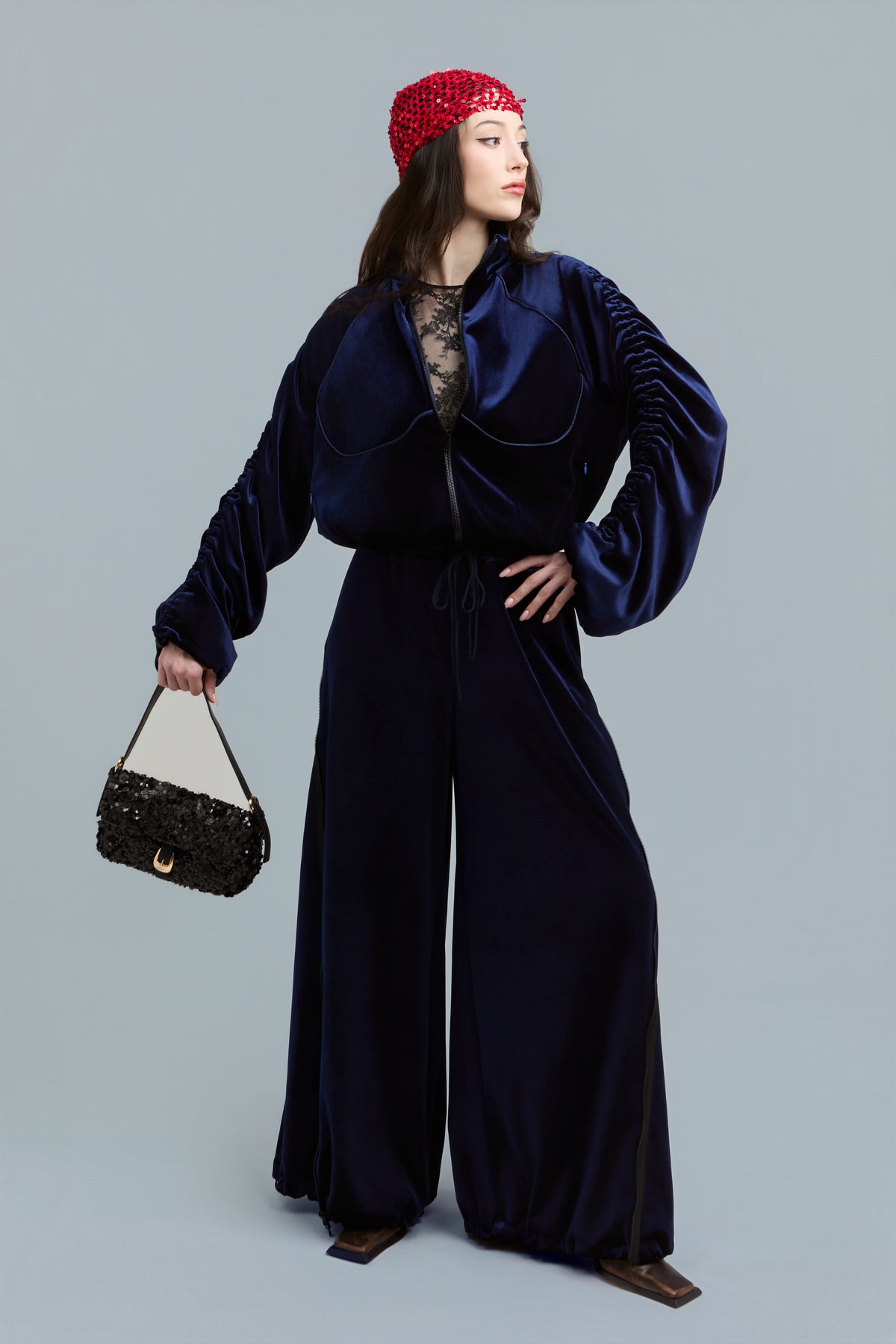 Navy Velour Zip-Up Sweatshirt