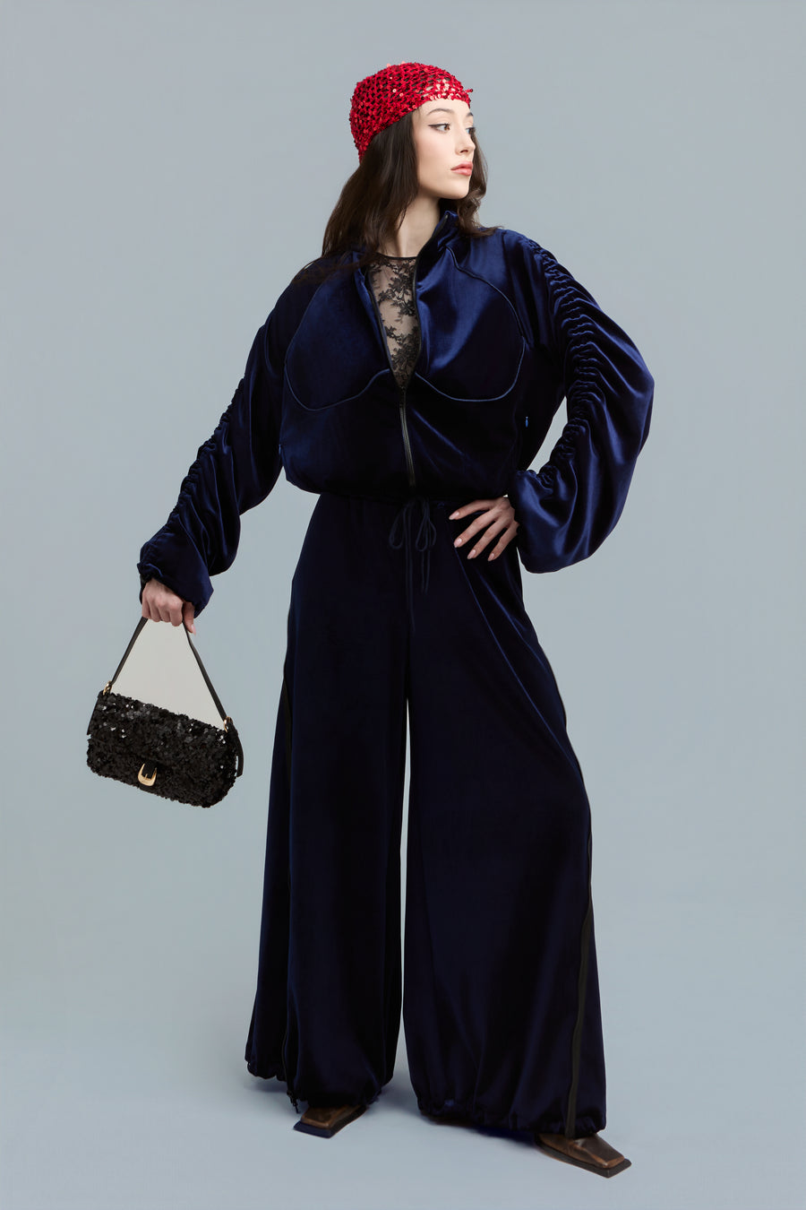 Navy Velour Zip-Up Sweatshirt