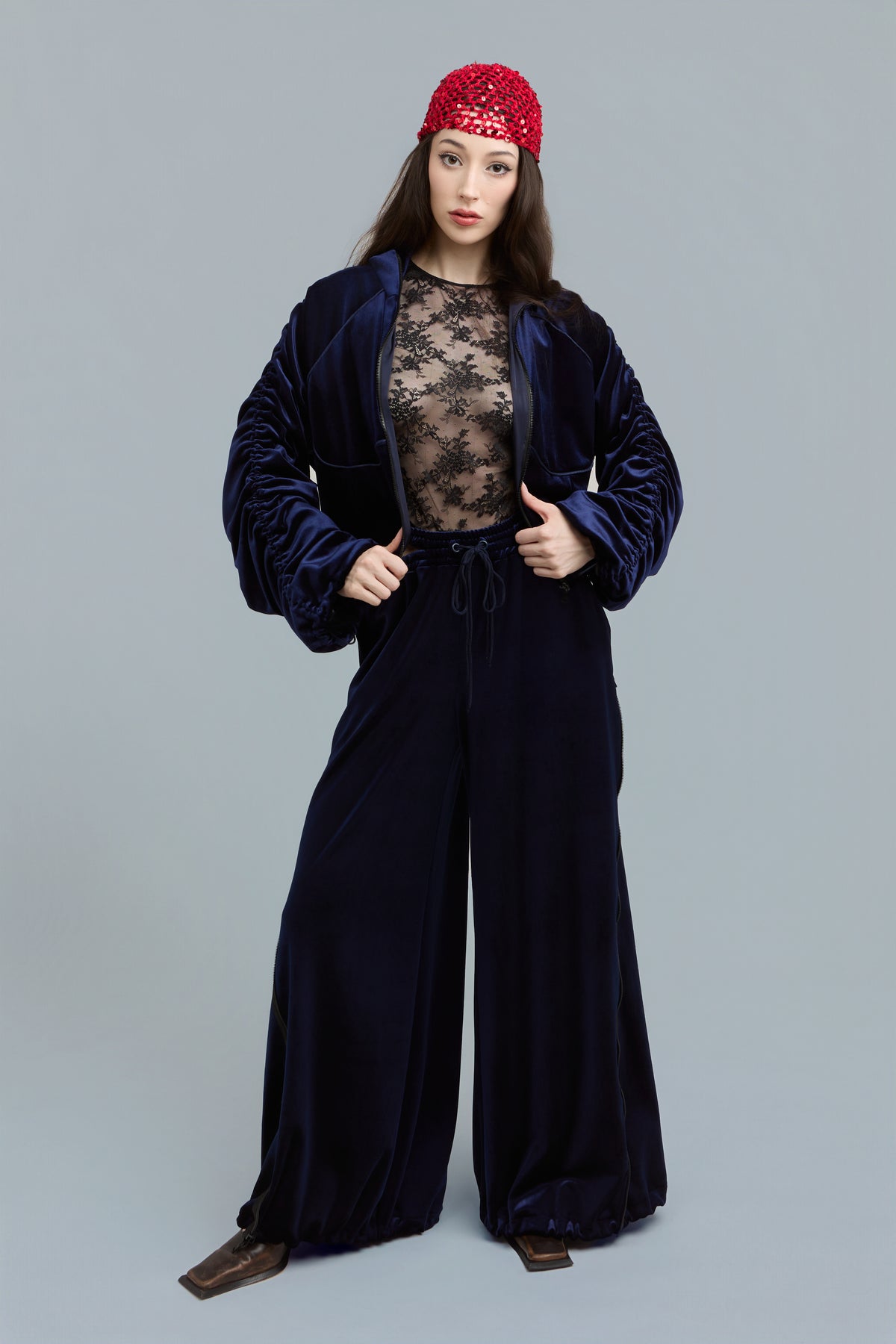 Navy Velour Zip-Up Sweatshirt