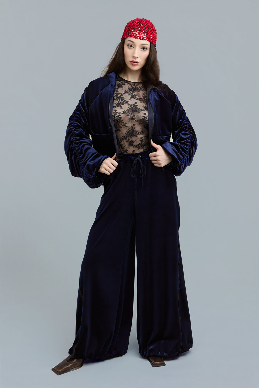 Navy Velour Zip-Up Sweatshirt