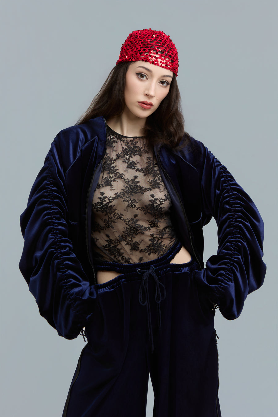 Navy Velour Zip-Up Sweatshirt