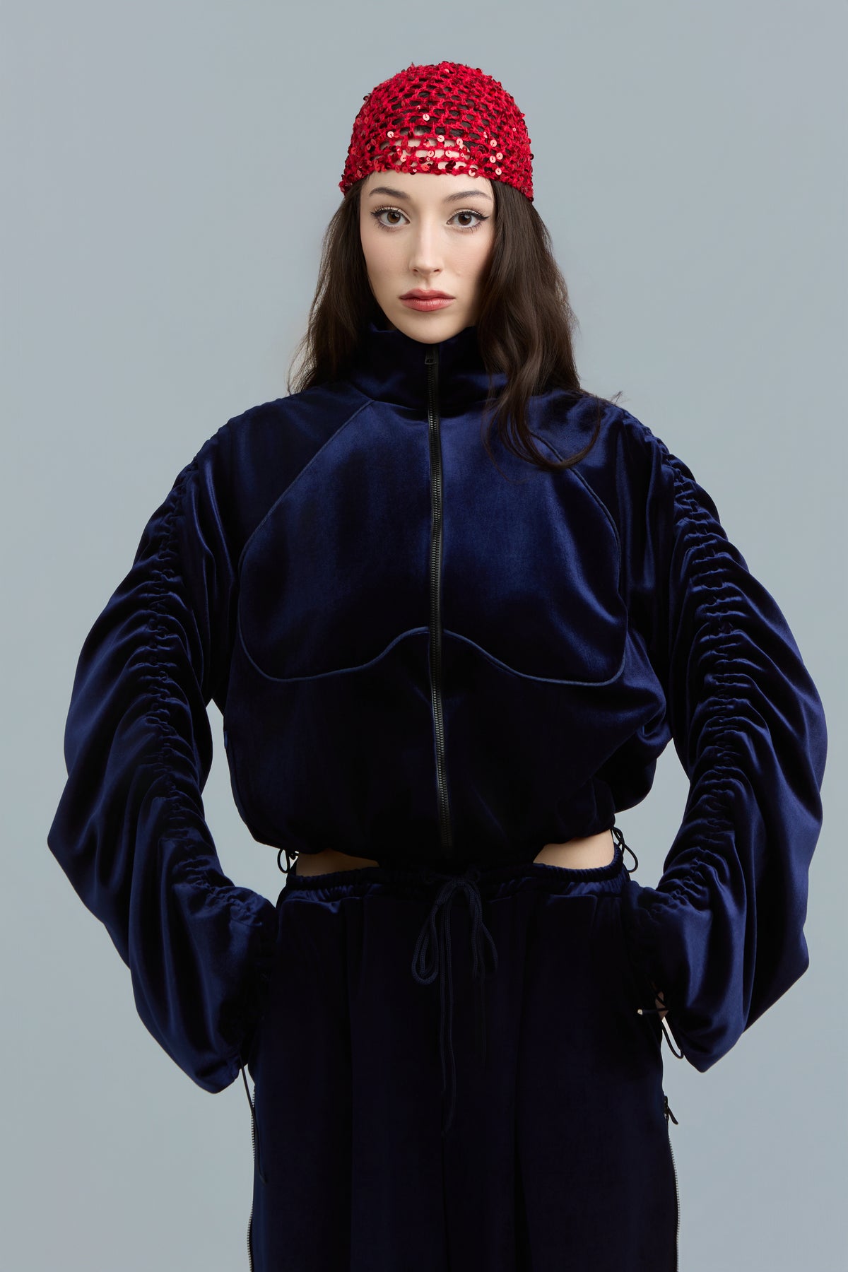 Navy Velour Zip-Up Sweatshirt