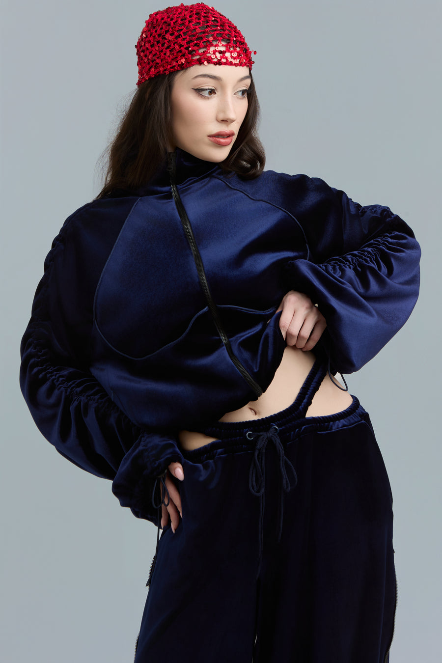 Navy Velour Zip-Up Sweatshirt