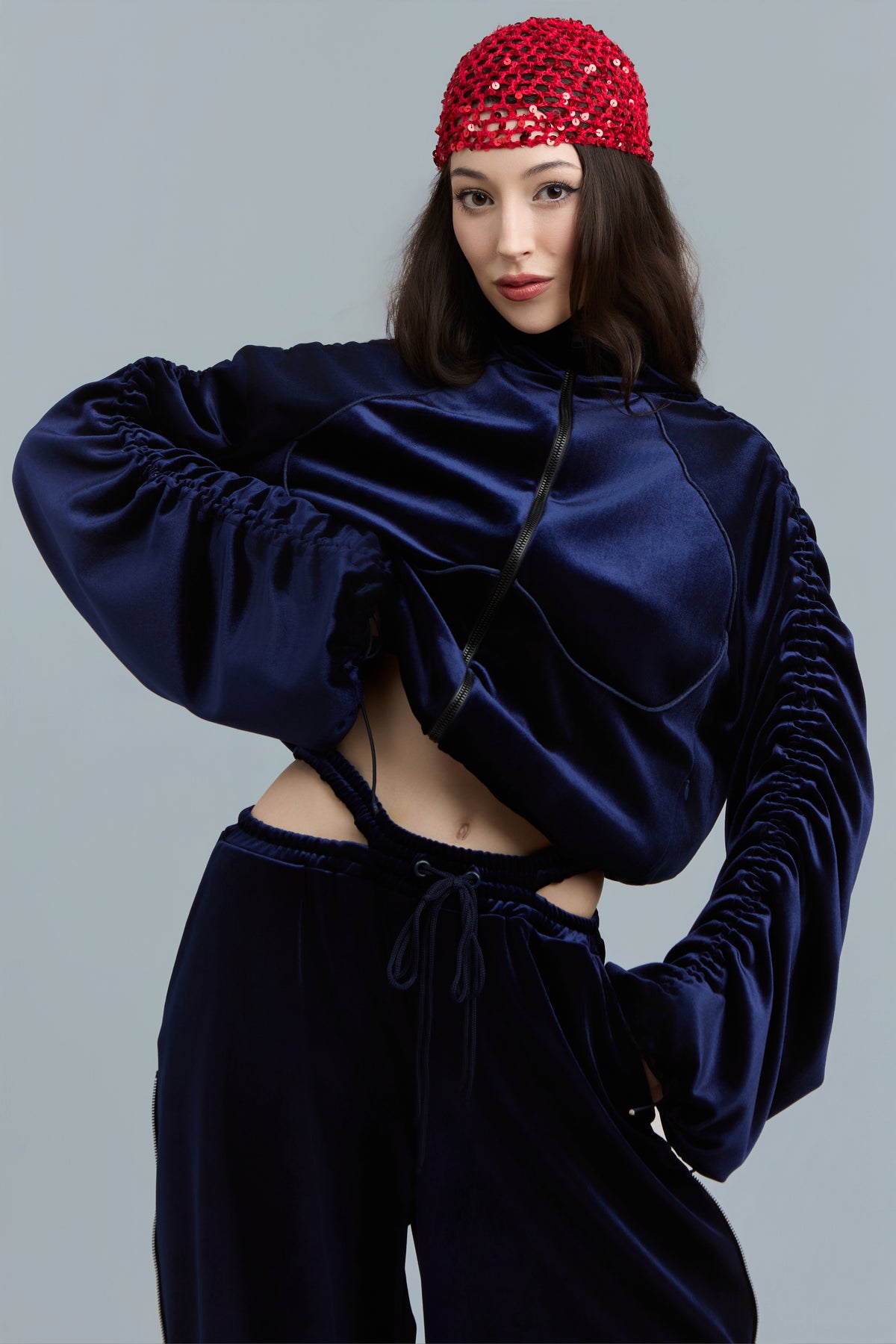Navy Wide-Leg Velour Sweatpants