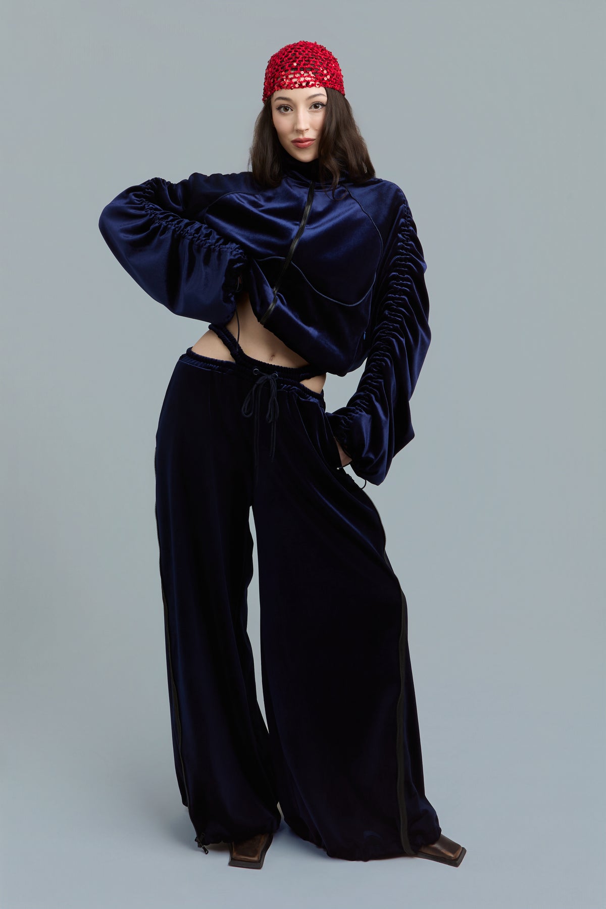 Navy Wide-Leg Velour Sweatpants