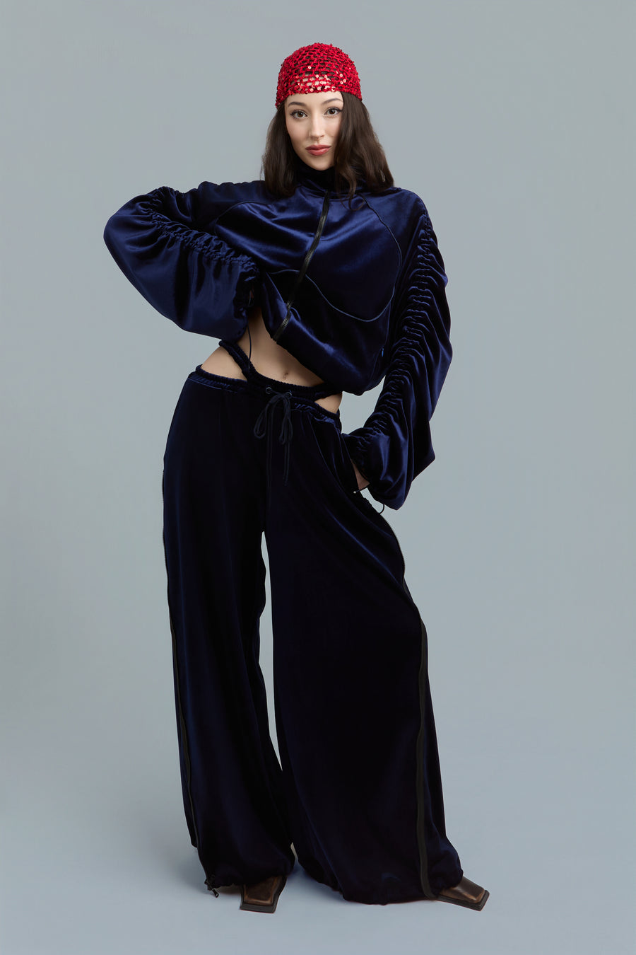 Navy Wide-Leg Velour Sweatpants