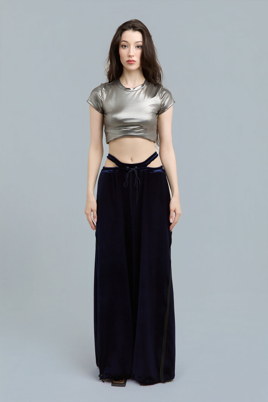 Navy Wide-Leg Velour Sweatpants