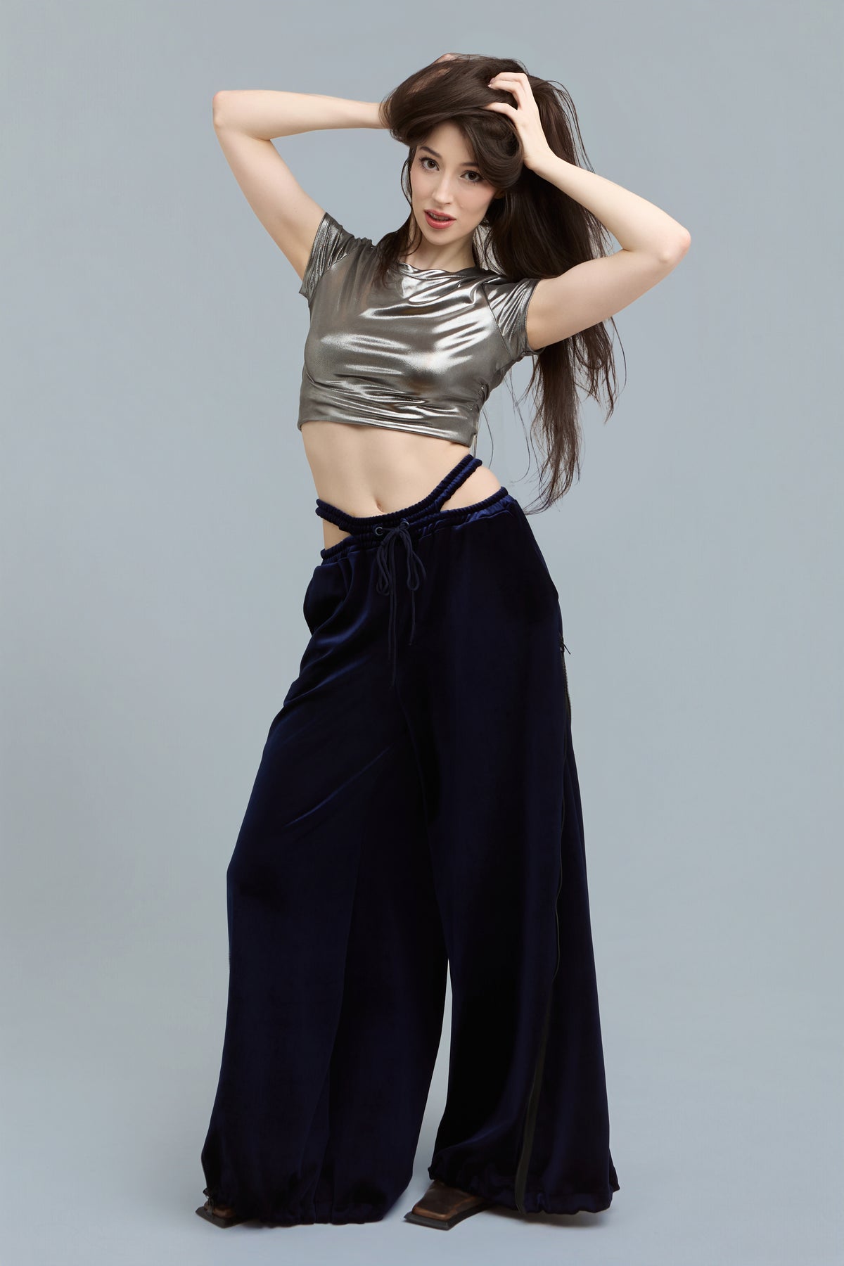 Navy Wide-Leg Velour Sweatpants