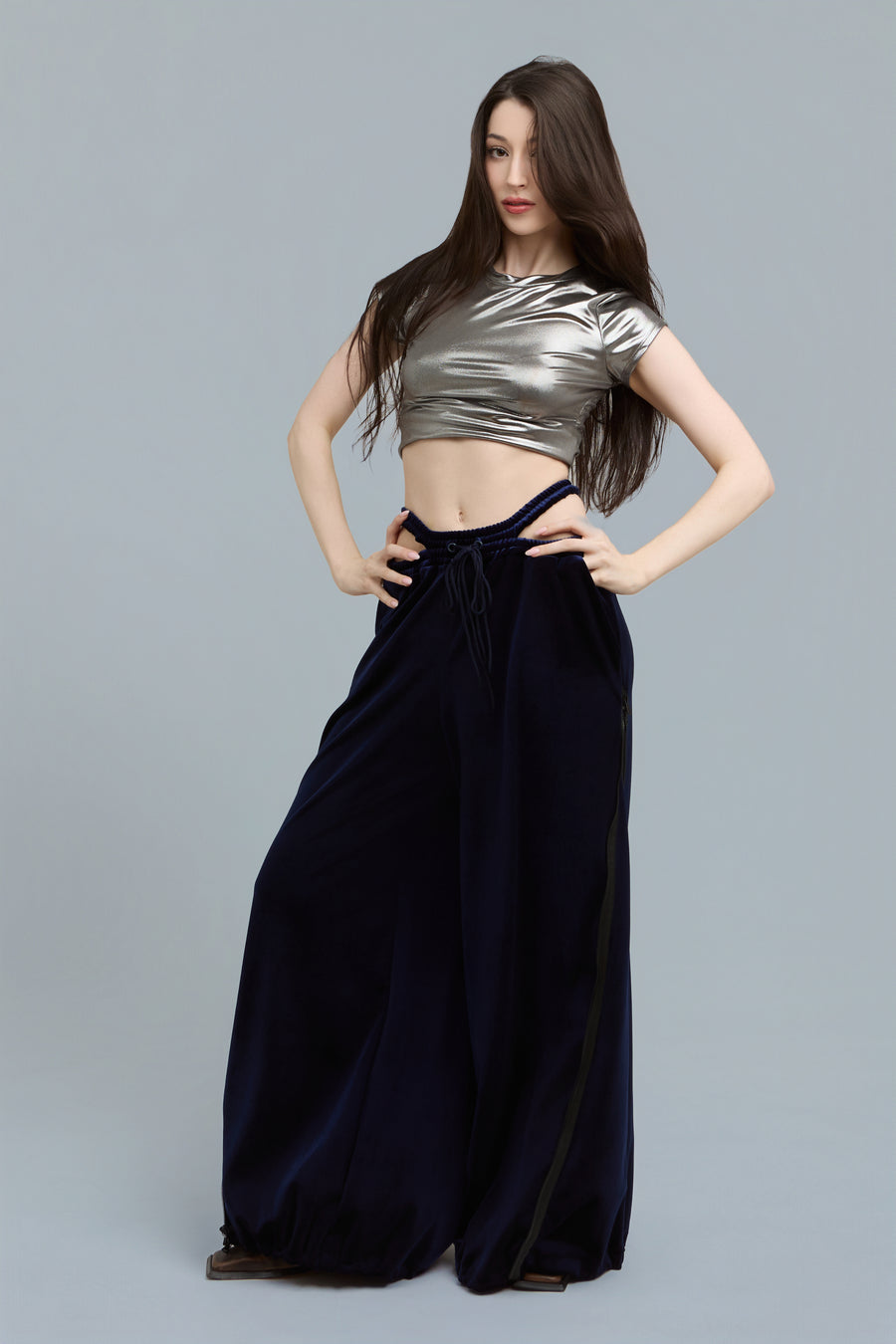 Navy Wide-Leg Velour Sweatpants