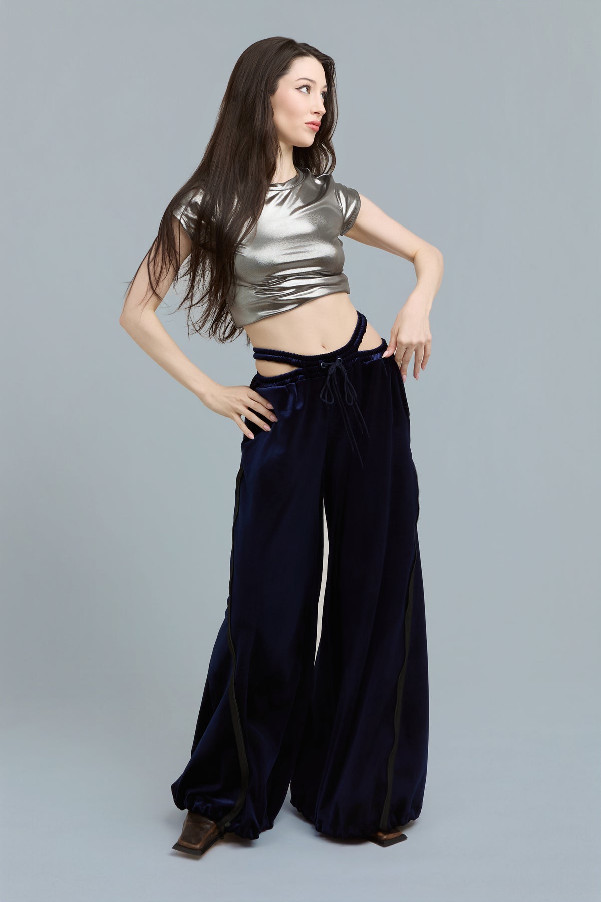 Navy Wide-Leg Velour Sweatpants
