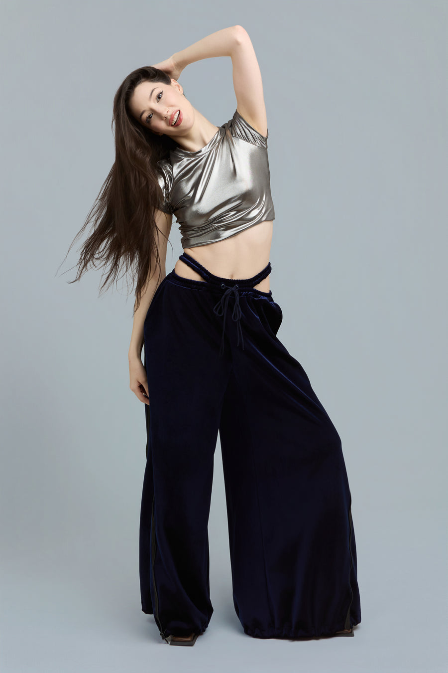 Navy Wide-Leg Velour Sweatpants
