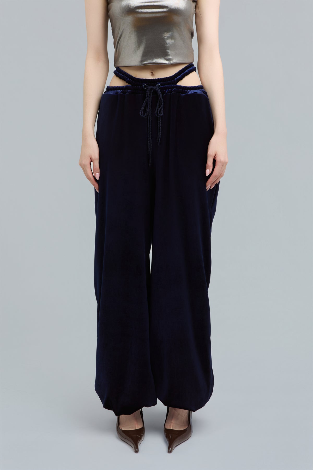 Navy Wide-Leg Velour Sweatpants