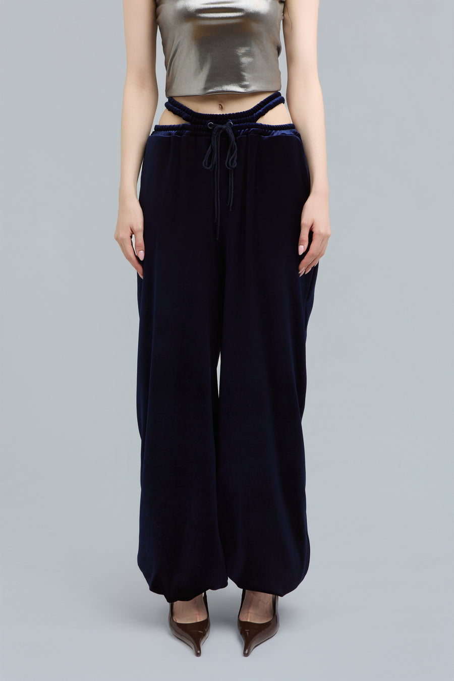Navy Wide-Leg Velour Sweatpants