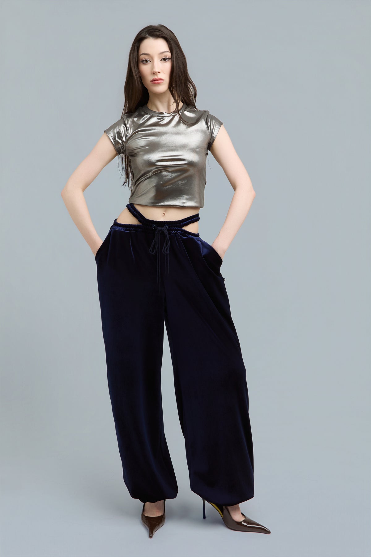 Navy Wide-Leg Velour Sweatpants