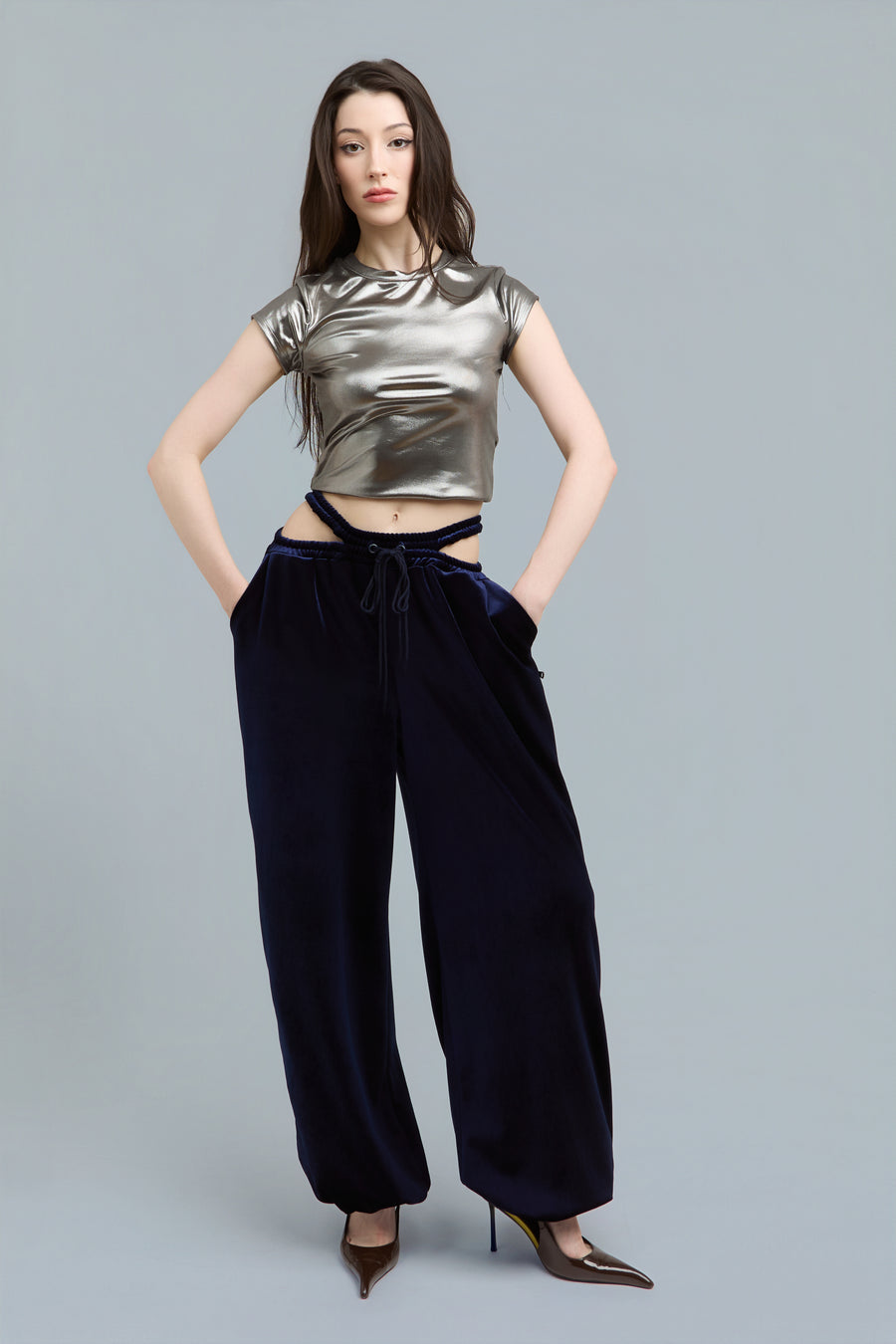 Navy Wide-Leg Velour Sweatpants
