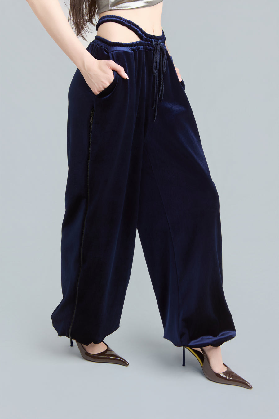 Navy Wide-Leg Velour Sweatpants