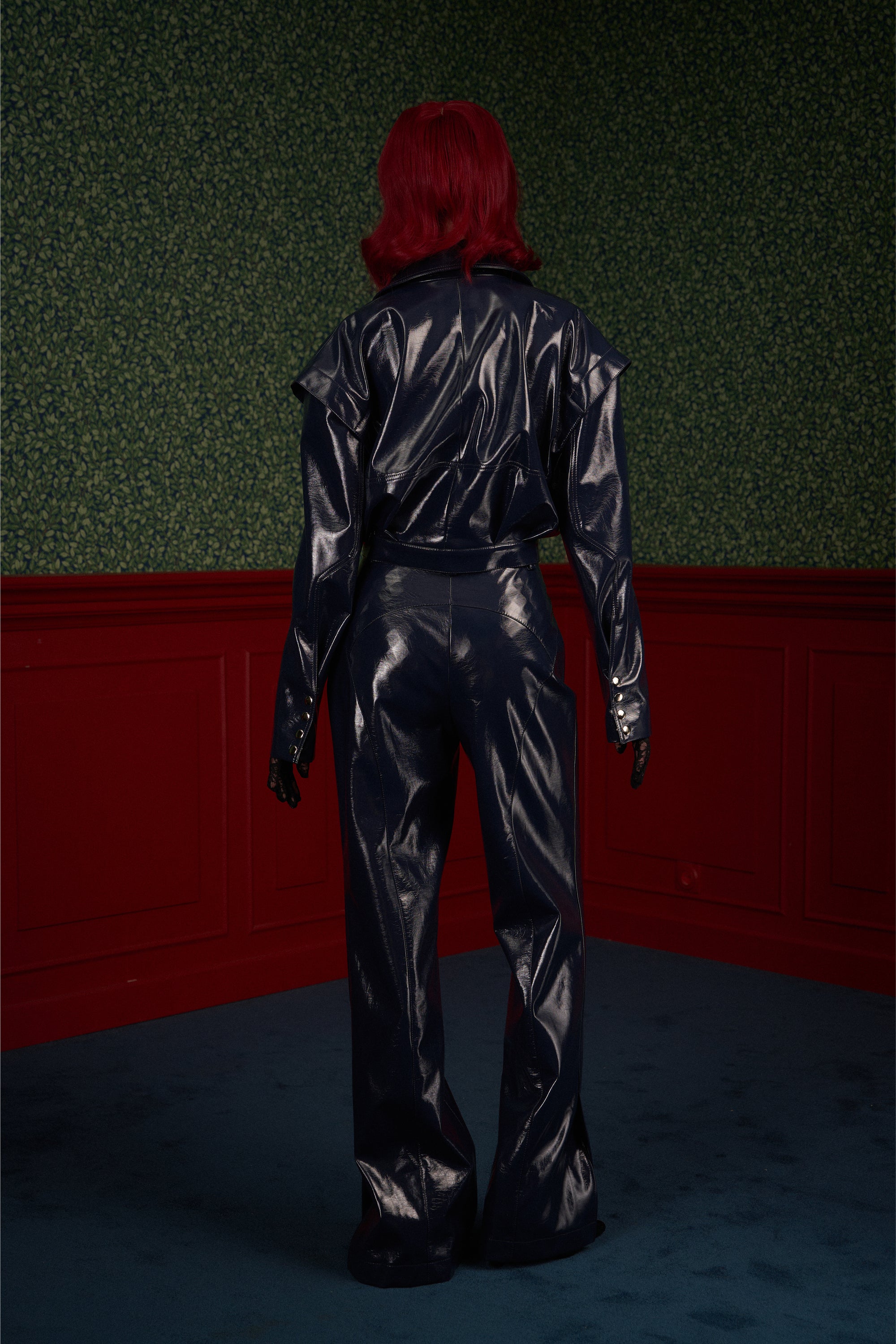 Back view glossy navy eco-leather jacket – Naked Doll unique fashion