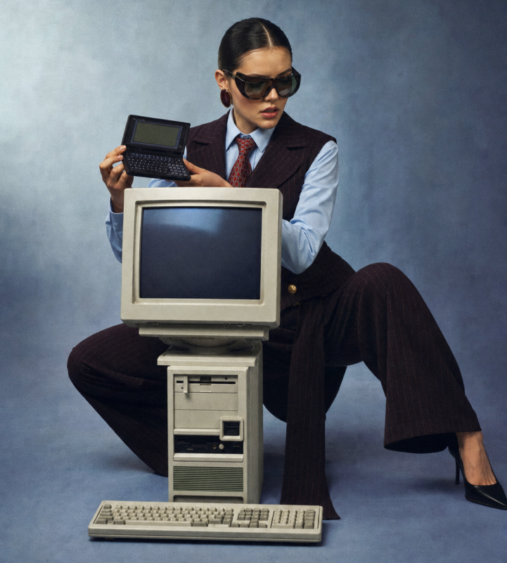 Naked Doll model with vintage computer
